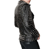 Men's fully studded and spiked black leather punk biker jacket with asymmetrical zip and belt.