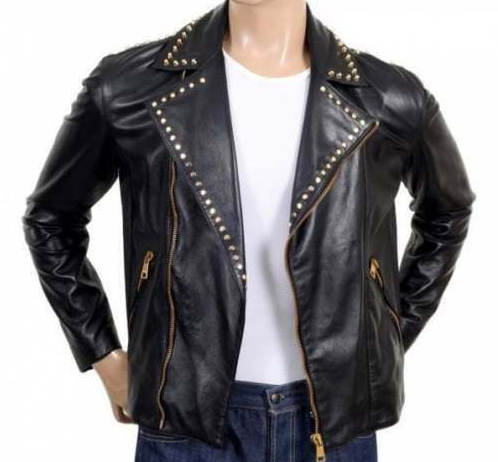 Men's black studded leather biker jacket with gold studs on lapels, asymmetrical gold zip, and belted waist.
