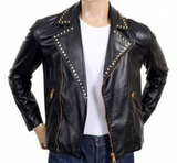 Men's black studded leather biker jacket with gold studs on lapels, asymmetrical gold zip, and belted waist.