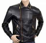 Men's black studded leather biker jacket with gold studs on lapels, asymmetrical gold zip, and belted waist.