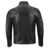 Men's slim fit black leather cafe racer jacket with bold yellow racing stripes on the sleeves.