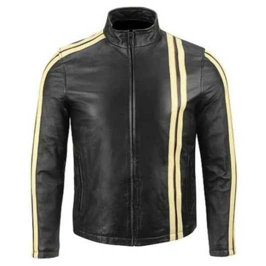 Men's slim fit black leather cafe racer jacket with bold yellow racing stripes on the sleeves.