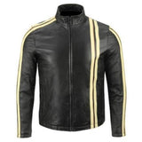 Men's slim fit black leather cafe racer jacket with bold yellow racing stripes on the sleeves.