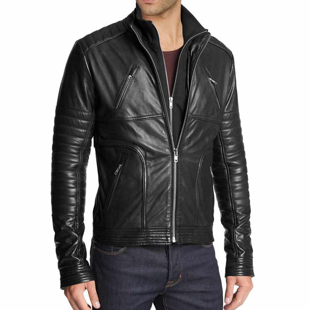 Men's slim fit black leather biker jacket with double collar, quilted shoulders and sleeves, and center zip closure