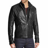 Men's slim fit black leather biker jacket with double collar, quilted shoulders and sleeves, and center zip closure