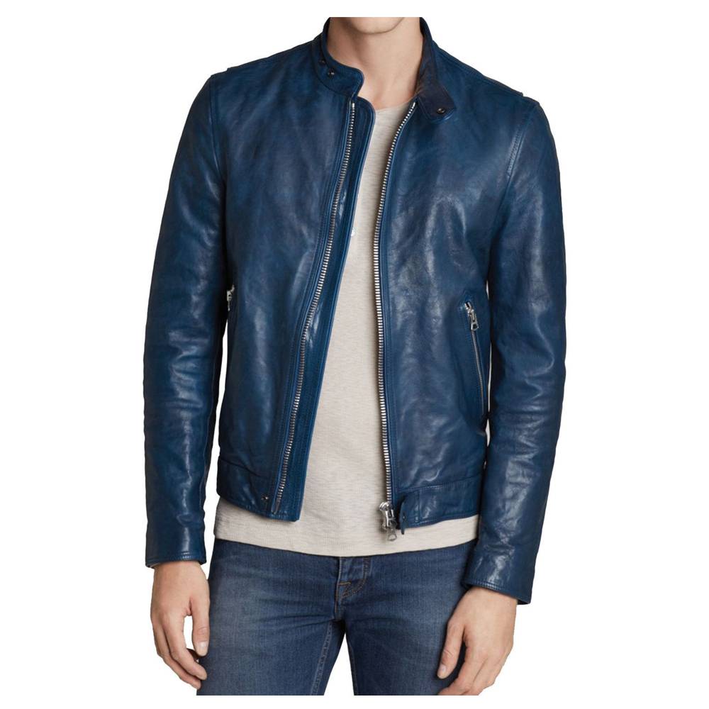 Men's slim fit blue leather jacket with biker tab collar, center front zipper, and a modern tailored fit.