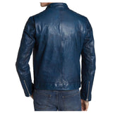 Men's slim fit blue leather jacket with biker tab collar, center front zipper, and a modern tailored fit.