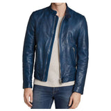 Men's slim fit blue leather jacket with biker tab collar, center front zipper, and a modern tailored fit.