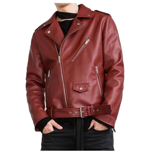 slim-fit red leather biker jacket with an asymmetrical zipper and belted waist.