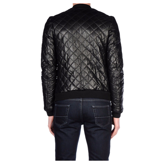 Slimfit black quilted leather bomber jacket with a zip front and ribbed trim.