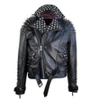 Men's black studded leather punk biker jacket with silver spikes on shoulders and studs on lapels and cuffs.
