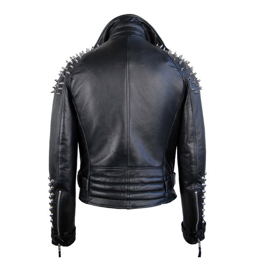 Men's black leather punk biker jacket with silver spikes on shoulders and studs on lapels and cuffs.