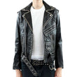 Men's black studded leather Brando style biker jacket with silver studs, studded lapels, asymmetrical zipper, and belted waist.