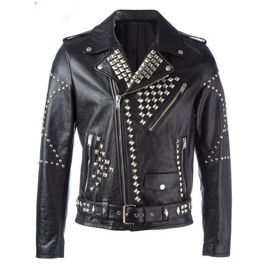 Men's black studded leather biker jacket featuring a mix of silver pyramid and dome studs.