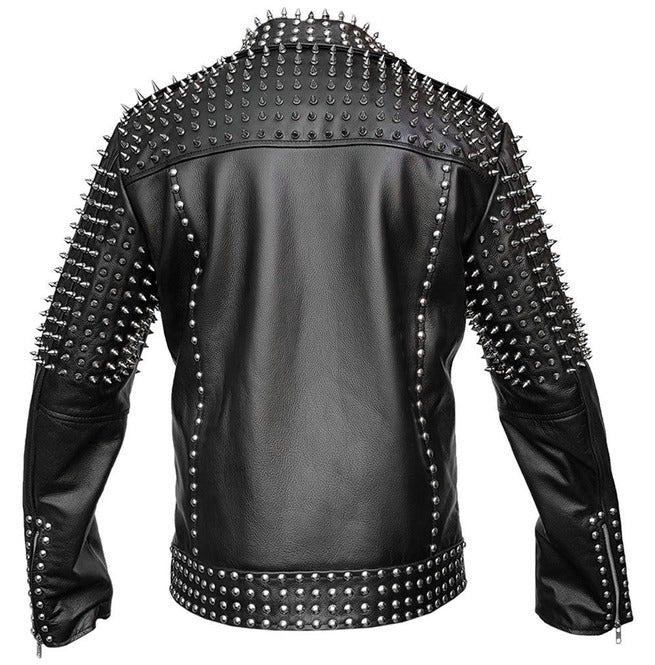 Men's black studded leather biker jacket heavily embellished with silver spikes on the shoulders and studs.