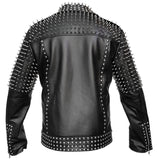 Men's black studded leather biker jacket heavily embellished with silver spikes on the shoulders and studs.