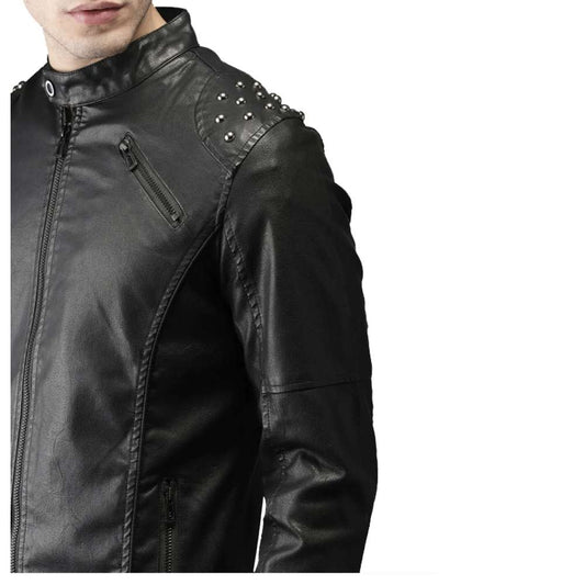 Men's black leather biker jacket with tab collar, center zipper, and silver studs on the shoulders.
