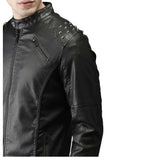 Men's black leather biker jacket with tab collar, center zipper, and silver studs on the shoulders.