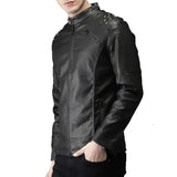 Men's black leather biker jacket with tab collar, center zipper, and silver studs on the shoulders.