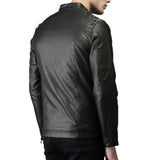 Men's black leather biker jacket with tab collar, center zipper, and silver studs on the shoulders.