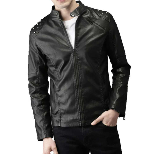 Men's black leather biker jacket with tab collar, center zipper, and silver studs on the shoulders.