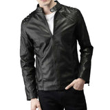 Men's black leather biker jacket with tab collar, center zipper, and silver studs on the shoulders.