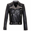 Men's black leather Brando biker jacket with heavily studded lapels, asymmetrical zipper, belt, and silver hardware.