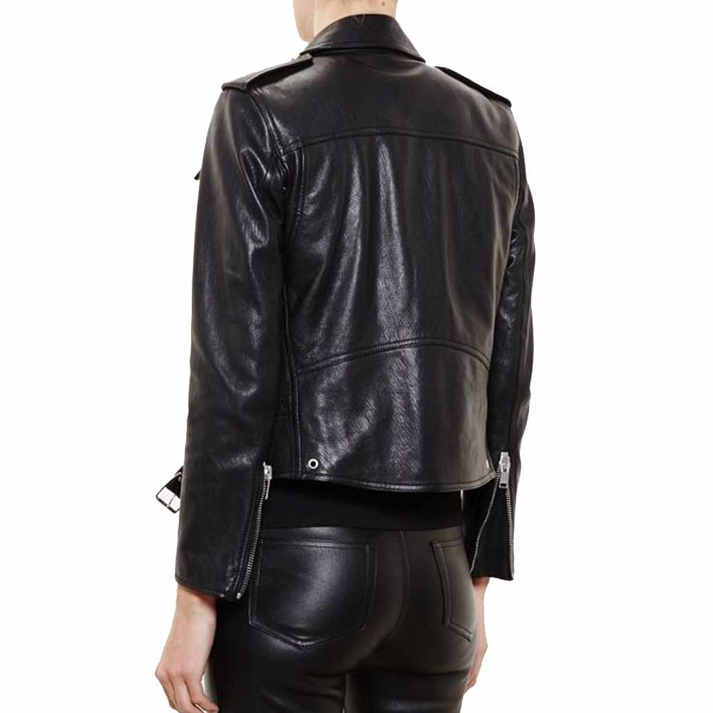 Men's black leather Brando biker jacket with heavily studded lapels, asymmetrical zipper, belt, and silver hardware.