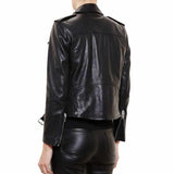 Men's black leather Brando biker jacket with heavily studded lapels, asymmetrical zipper, belt, and silver hardware.