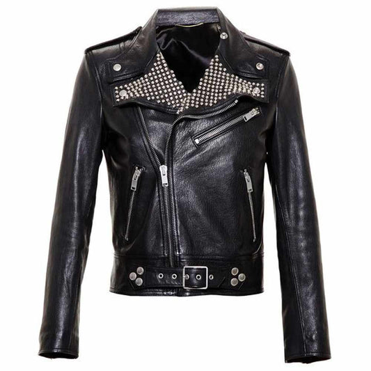 Men's black leather Brando biker jacket with heavily studded lapels, asymmetrical zipper, belt, and silver hardware.