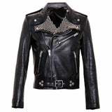 Men's black leather Brando biker jacket with heavily studded lapels, asymmetrical zipper, belt, and silver hardware.