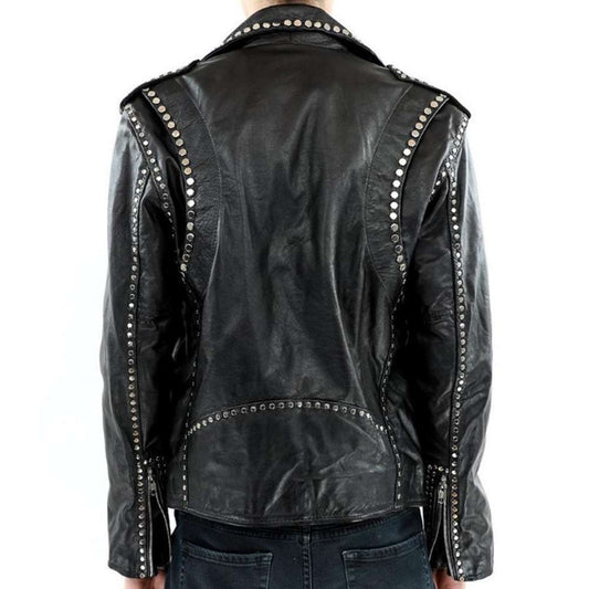 Men's black leather Brando-style biker jacket with silver studs, studded lapels, asymmetrical zipper, and belted waist.