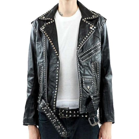 Men's black leather Brando-style biker jacket with silver studs, studded lapels, asymmetrical zipper, and belted waist.