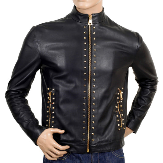 Men's black leather biker jacket with gold studs on front and pockets, gold zippers, and a stand collar.