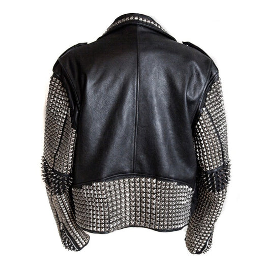 Men's black leather biker jacket with heavy silver pyramid studs and conical spikes, asymmetrical zipper, and waist belt.