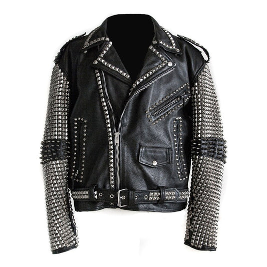 Men's black leather biker jacket with heavy silver pyramid studs and conical spikes, asymmetrical zipper, and waist belt.