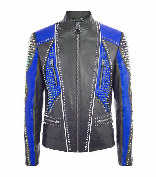 Men's black and blue leather biker jacket with silver pyramid studs, blue conical spikes, center zip, and stand collar.