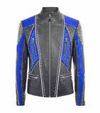 Men's black and blue leather biker jacket with silver pyramid studs, blue conical spikes, center zip, and stand collar.