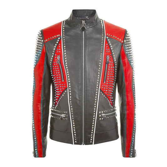Men's black & red leather jacket with red conical spikes, silver pyramid studs, center zip, stand collar.
