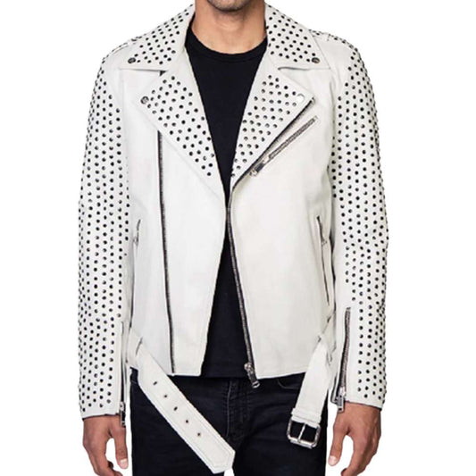 Men's white cowhide leather biker jacket with heavy dark and silver studs, asymmetrical zipper, and waist belt.