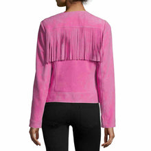 Load image into Gallery viewer, Women Slim Fit Fringe Leather Fashion Jacket Pink Back
