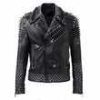Men's black leather punk biker jacket with all-over silver dome studs, conical spikes, and asymmetrical zipper.