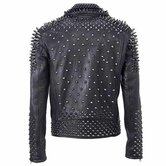 Men's black leather punk biker jacket with all-over silver dome studs, conical spikes, and asymmetrical zipper.