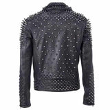 Men's black leather punk biker jacket with all-over silver dome studs, conical spikes, and asymmetrical zipper.