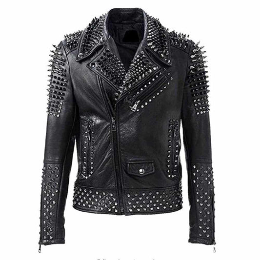 Men's black leather punk biker jacket with all-over silver dome studs, conical spikes, and asymmetrical zipper.
