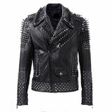 Men's black leather punk biker jacket with all-over silver dome studs, conical spikes, and asymmetrical zipper.