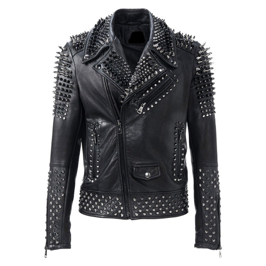Men's black leather biker jacket with silver conical spikes on shoulders, lapels, and sleeves, featuring dome studs for a bold punk aesthetic.