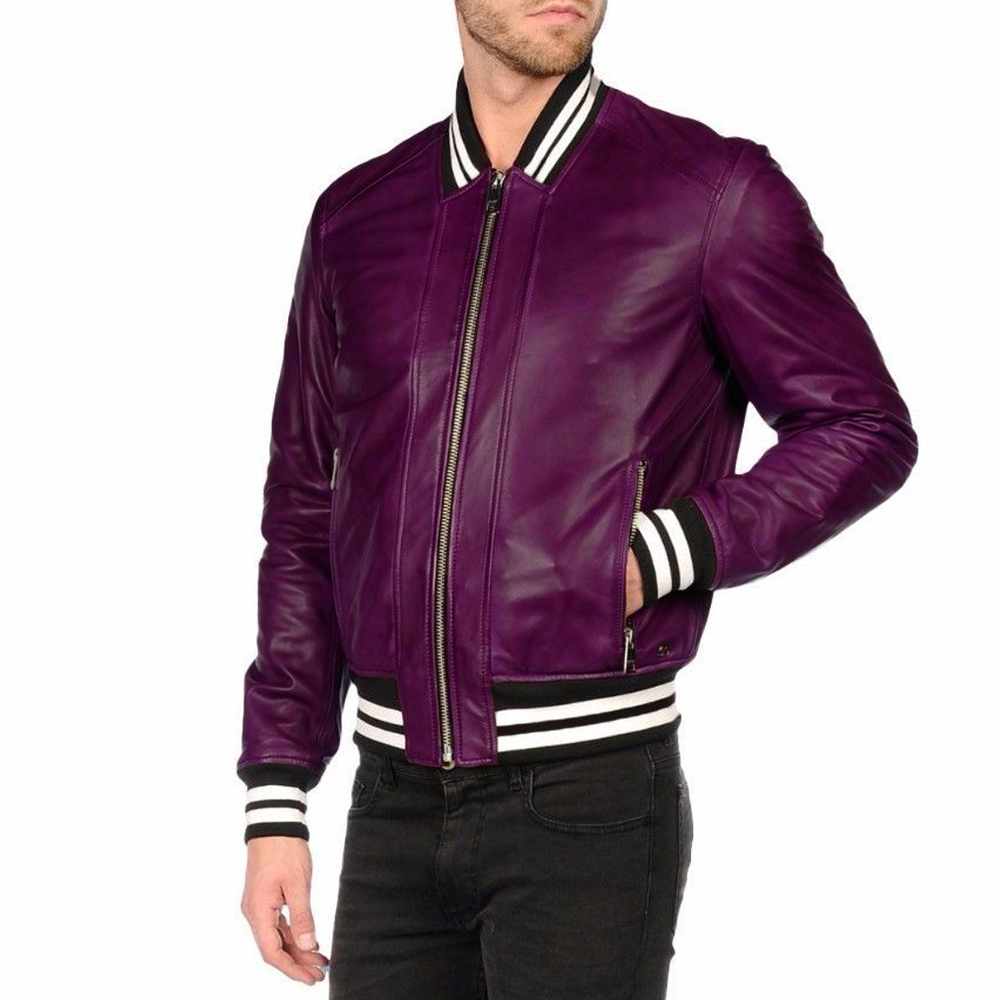 Men Letterman Varsity Bomber Fashion Leather Jacket Purple