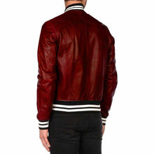Load image into Gallery viewer, Men Letterman Varsity Bomber Fashion Leather Jacket Red Back
