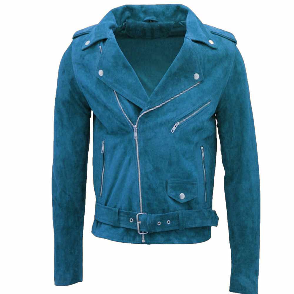 Men Native American Suede Leather Motorcycle Fashion Jacket Sky Blue